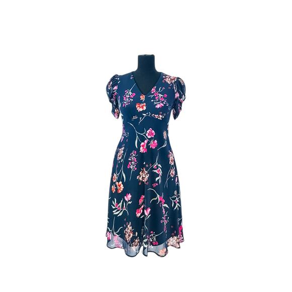 Calvin Klein Navy Floral Chiffon Fit & Flare Dress 2P - Picture 1 of 6